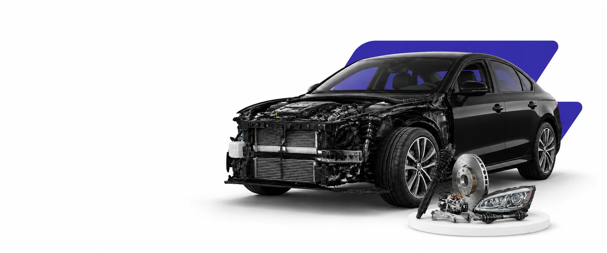 Automóvel com componentes expostos e peças automotivas em destaque